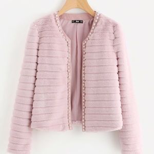 Pearl Beading Textured Faux Fur Coat